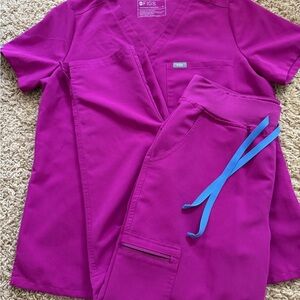 Figs Women's Scrub Set in Fuchsia with Blue Drawstring